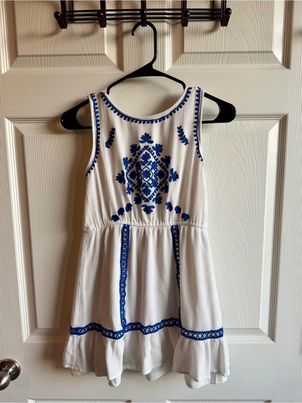 Entro White Sleeveless Dress with Blue Embroidery